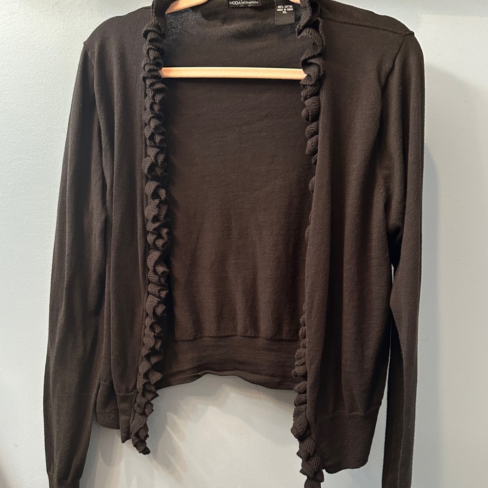 Moda International Blk Cardigan Sweater Shrug Cascading Cover Ruffle Trim Accent